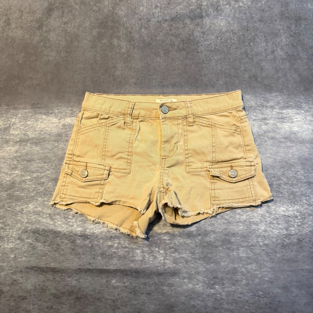 Y2K Mudd Womens Khaki Cargo Shorts Low Rise 0 Tan Twill Raw Hem Cut Off Utility